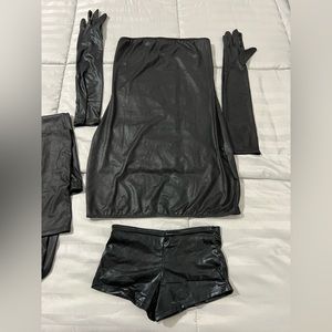 Wet Look Gloves, Thigh Highs, Dress, Botton shorts, G-string, Mesh Bralette O/S